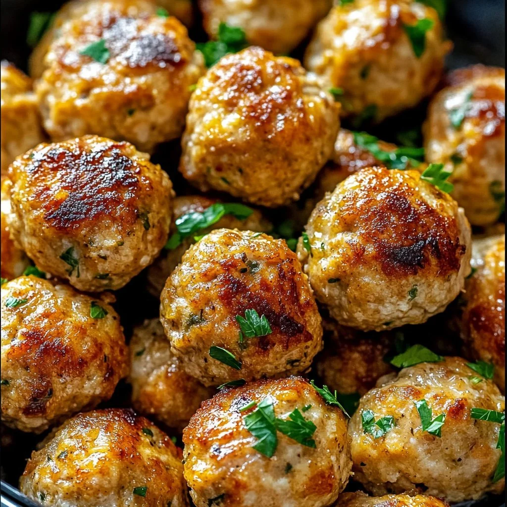 Easy baked chicken meatballs served with tomato sauce and herbs