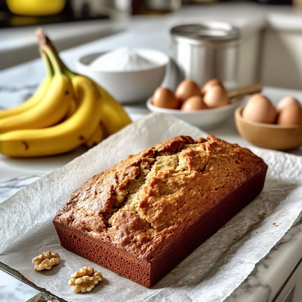 Slice of homemade easy banana bread on a rustic wooden table