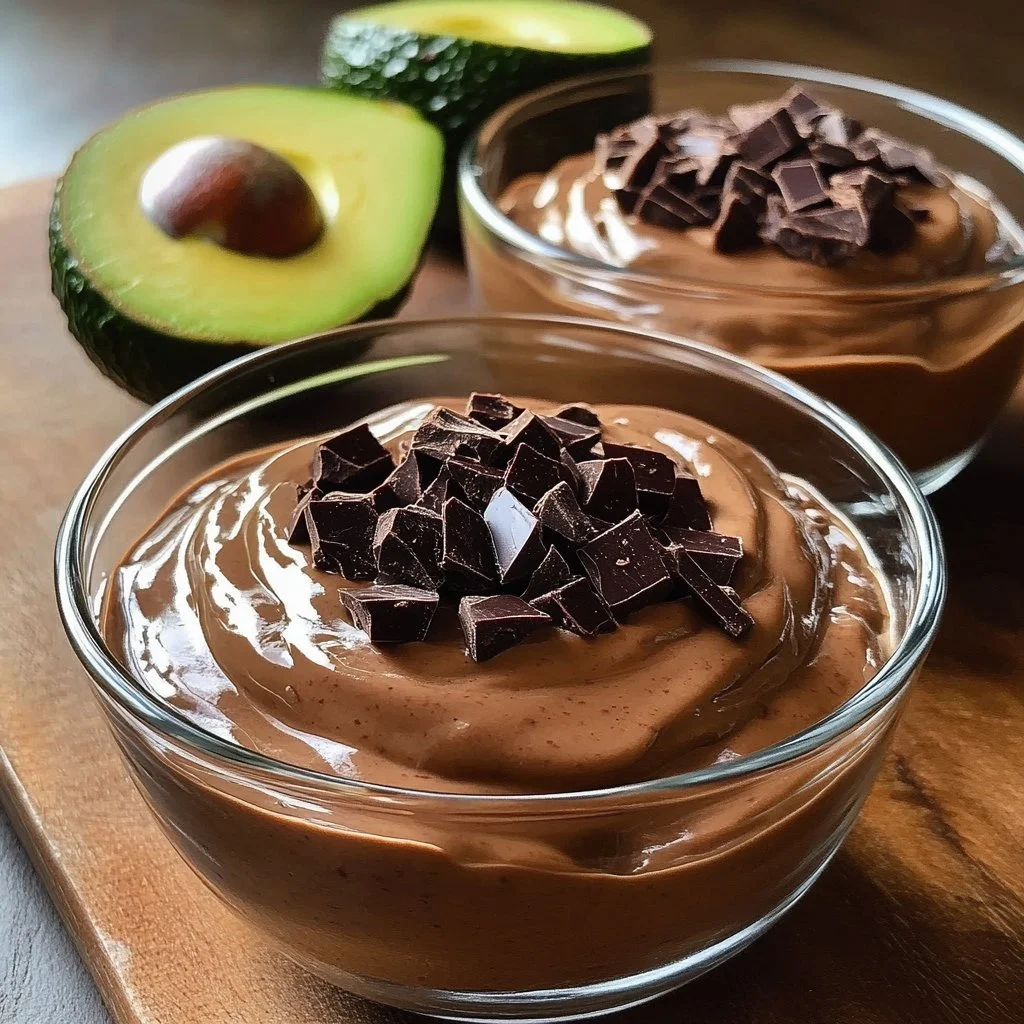 Bowl of rich and creamy chocolate avocado pudding topped with raspberries