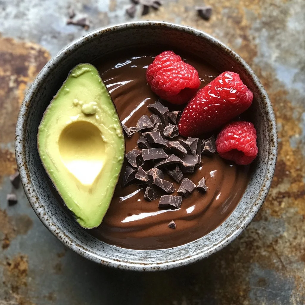 Delicious bowl of easy chocolate avocado pudding topped with berries