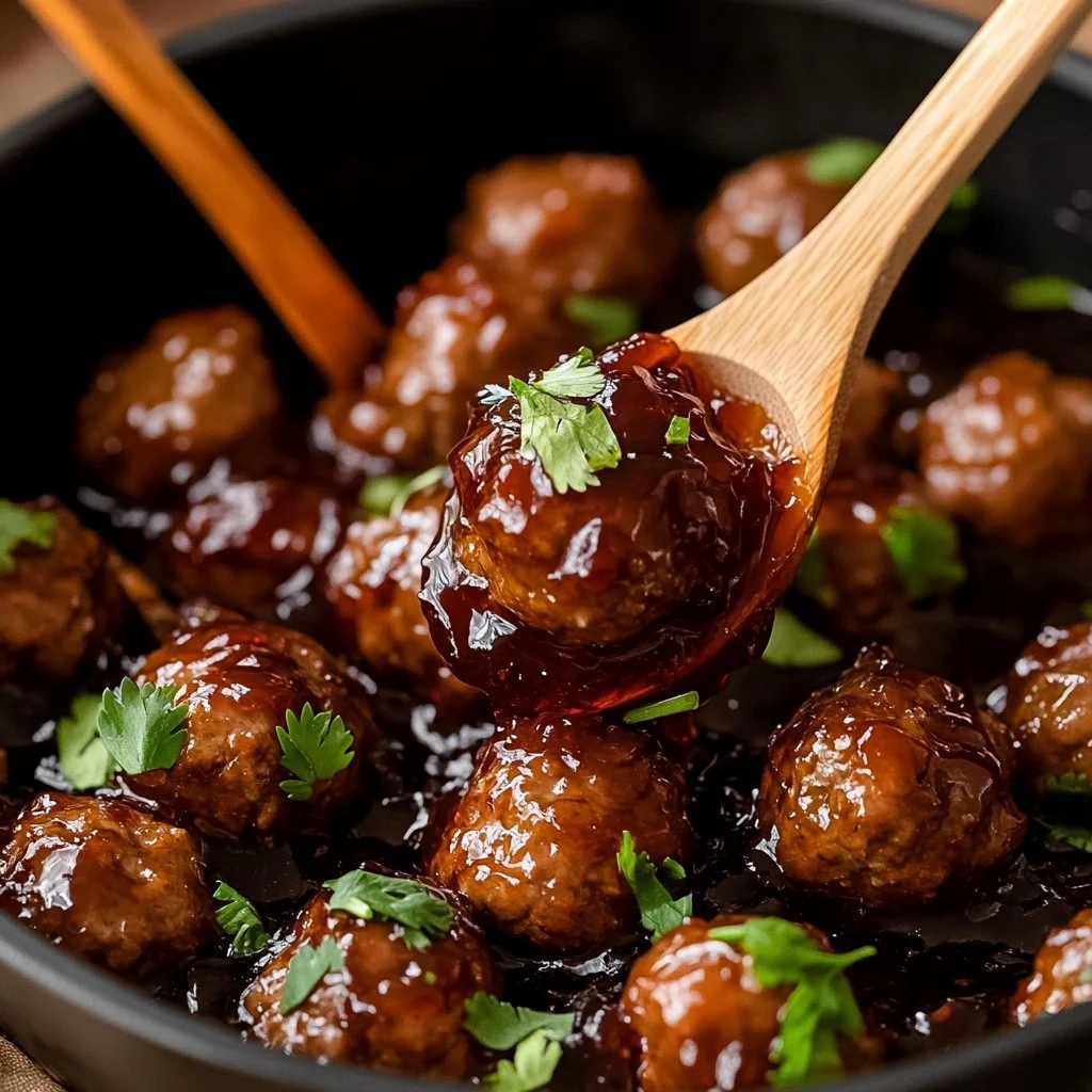 Plate of easy grape jelly meatballs served as a party appetizer.