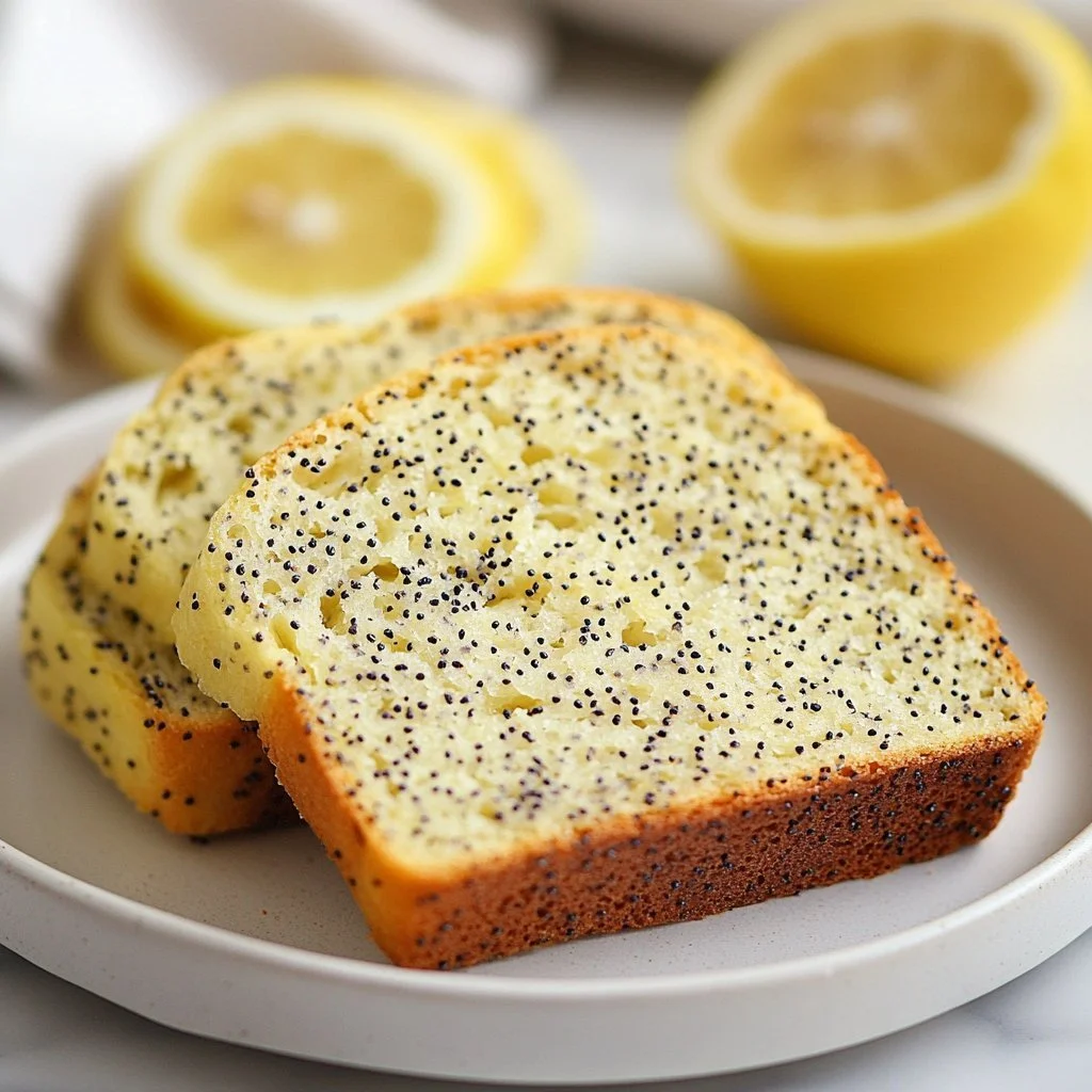 Sliced lemon poppy seed loaf on a plate with lemon slices