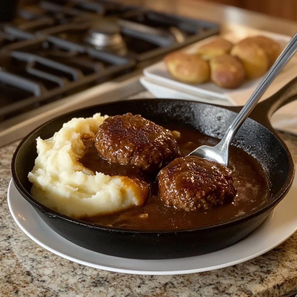 Juicy easy Salisbury steak served with mashed potatoes