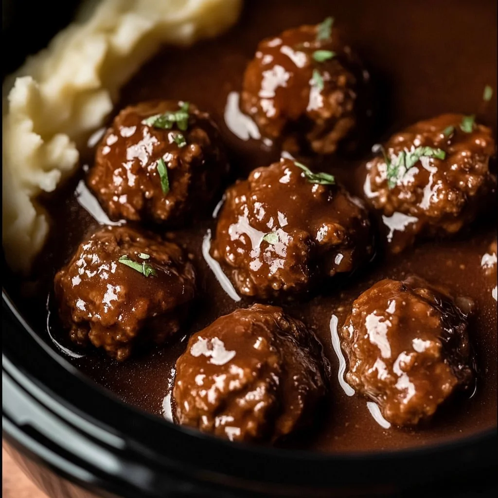 Delicious slow cooker Salisbury steak meatballs served with gravy and mashed potatoes
