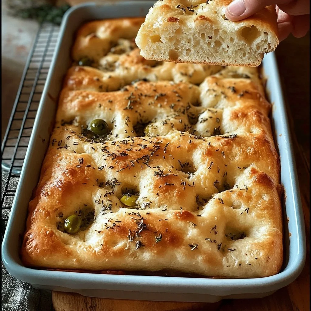 Freshly baked easy sourdough focaccia bread topped with herbs.
