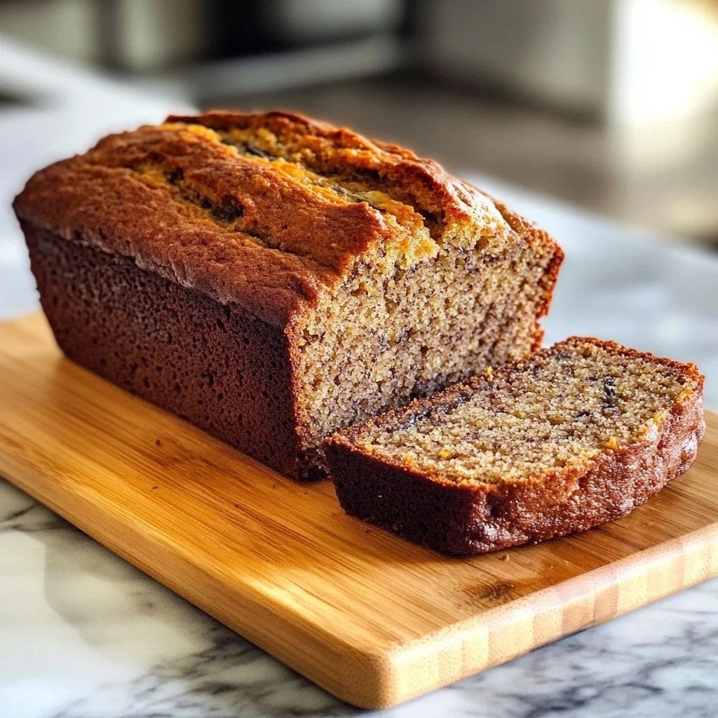 Slice of easy sugar-free banana bread on a wooden table