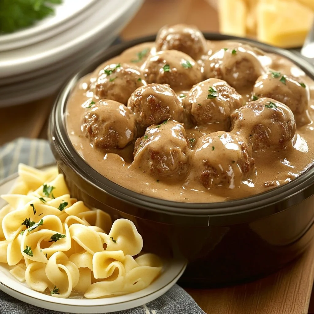 Delicious slow-cooked Swedish meatballs served in a creamy sauce