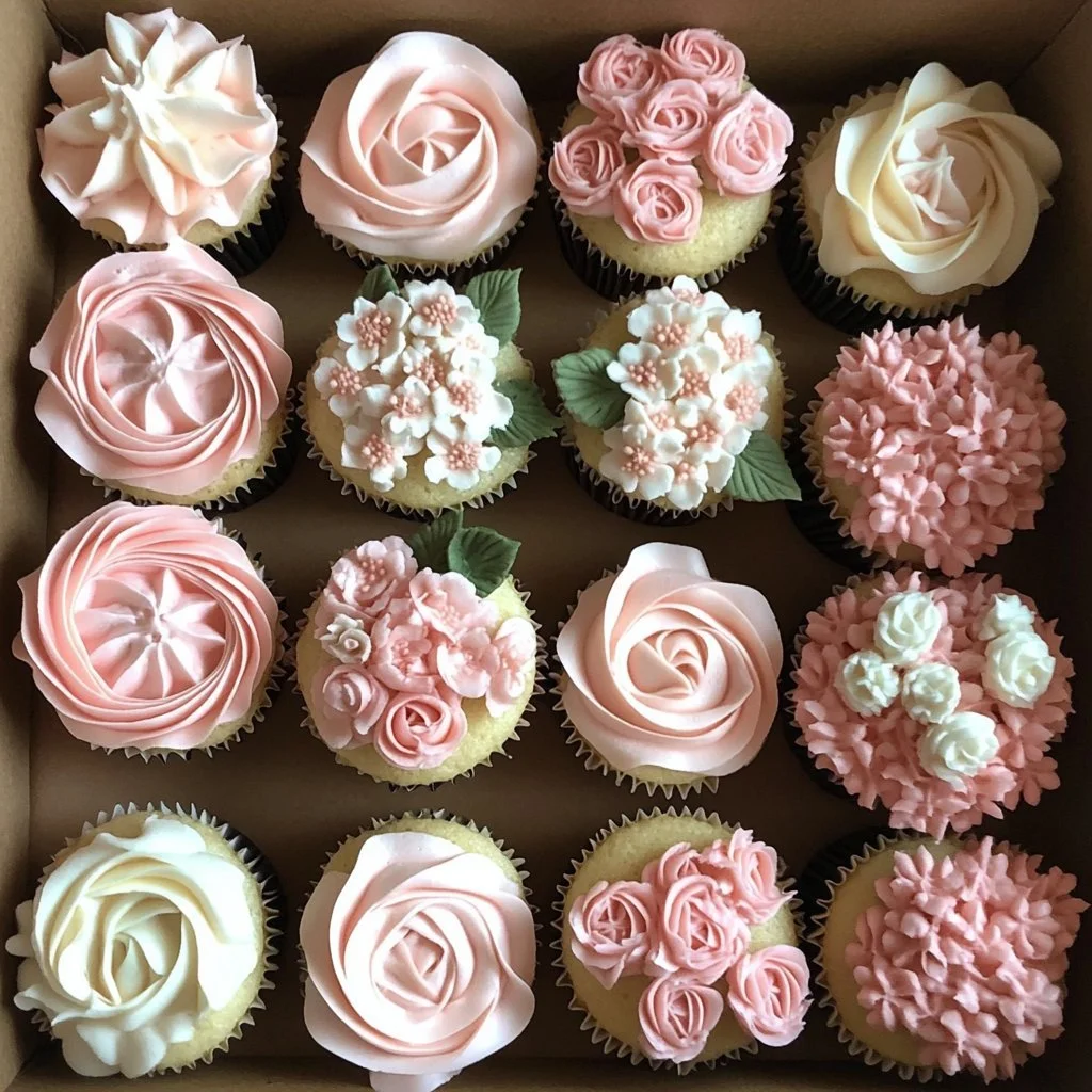 Colourful flower cupcakes decorated with frosting and edible flowers