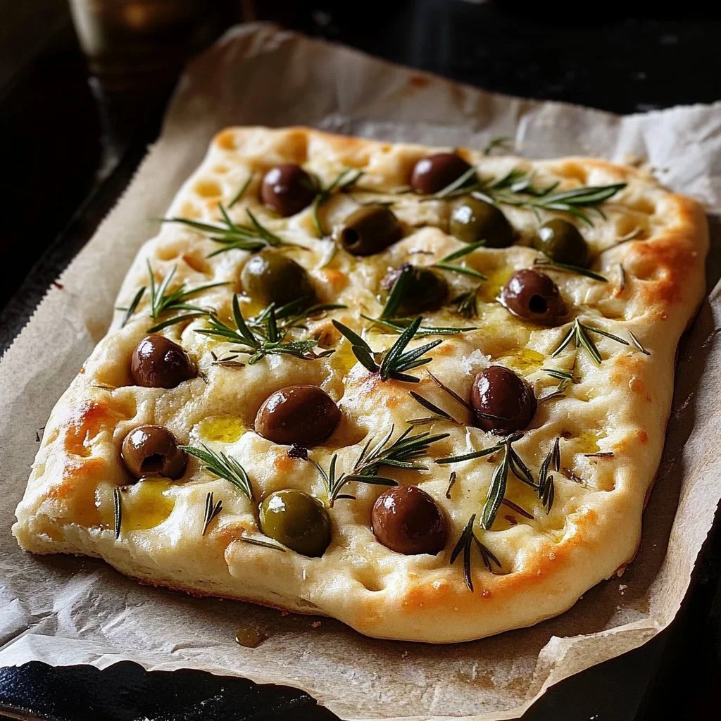 Homemade focaccia topped with olives, garlic, and rosemary