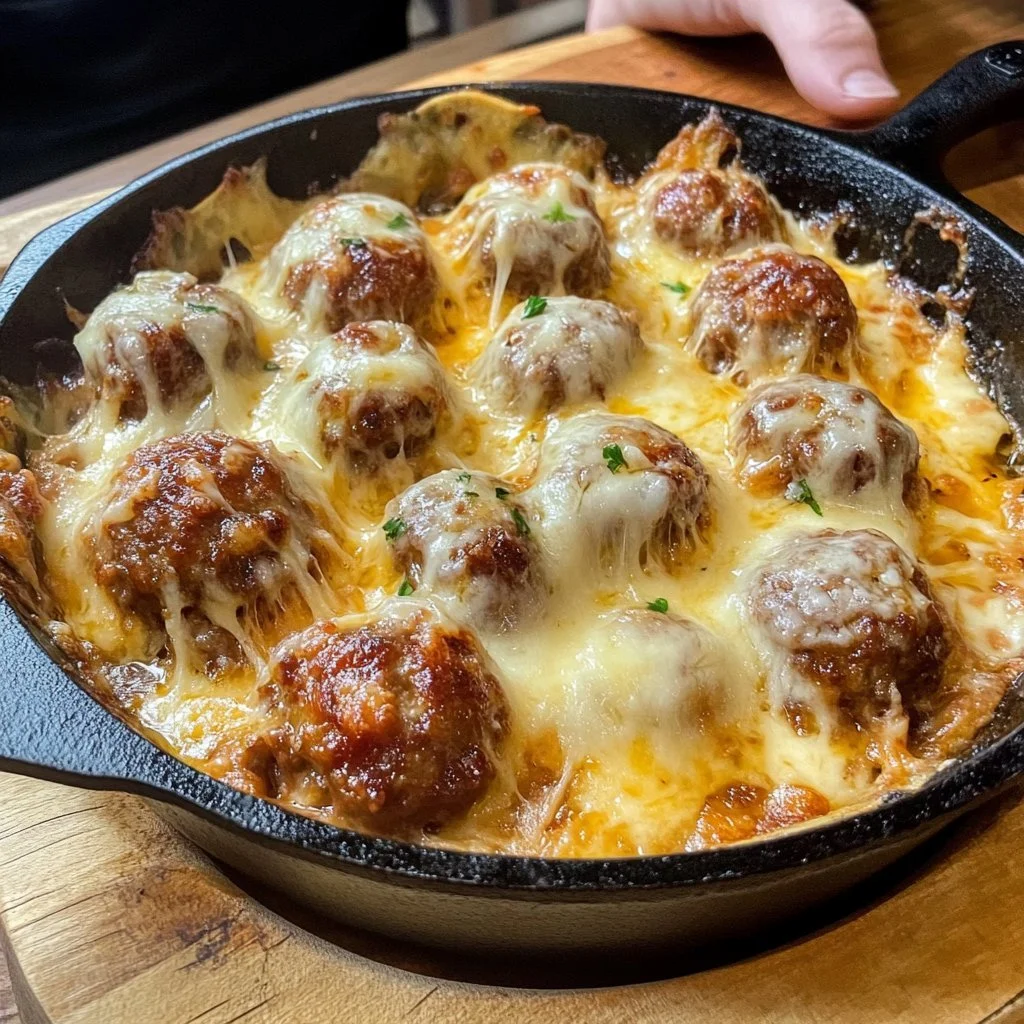 Plate of delicious French Onion Meatballs garnished with cheese and herbs