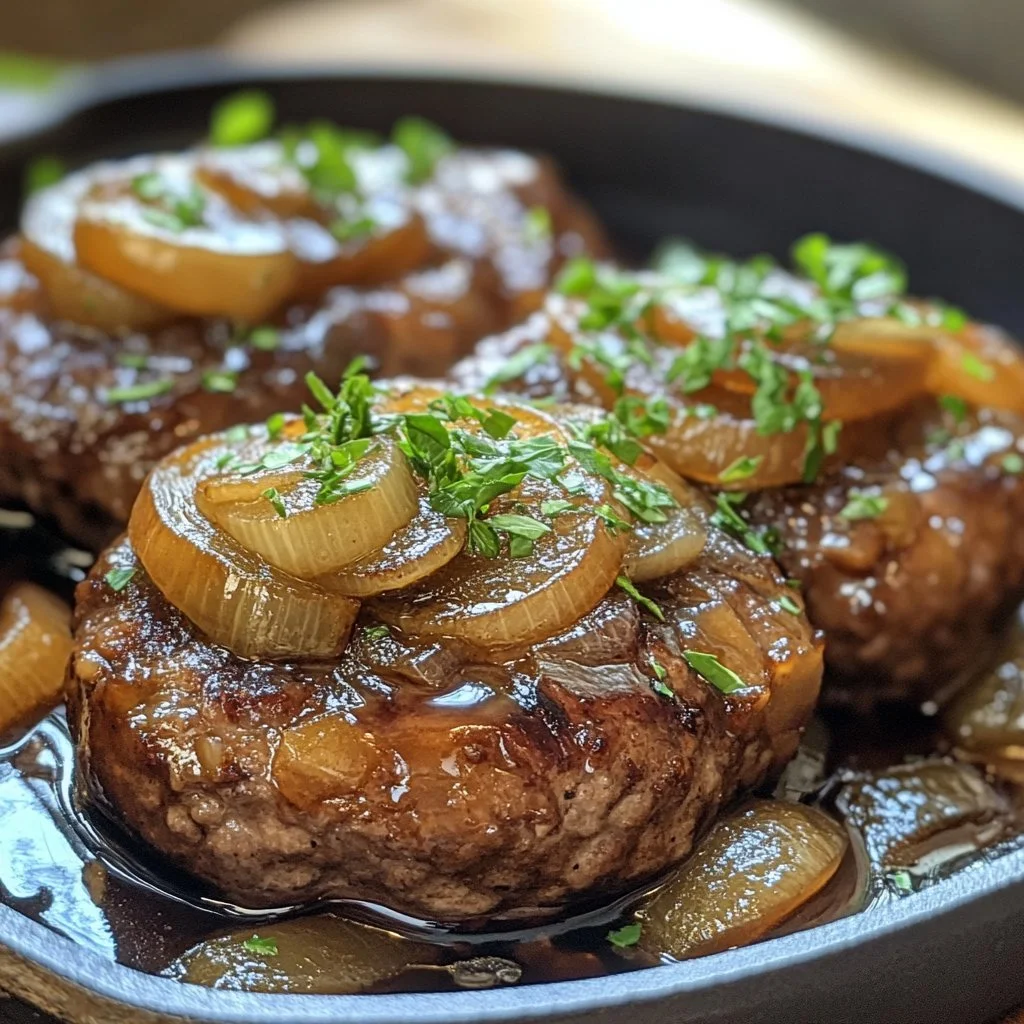 Delicious French Onion Salisbury Steak served with gravy and onions