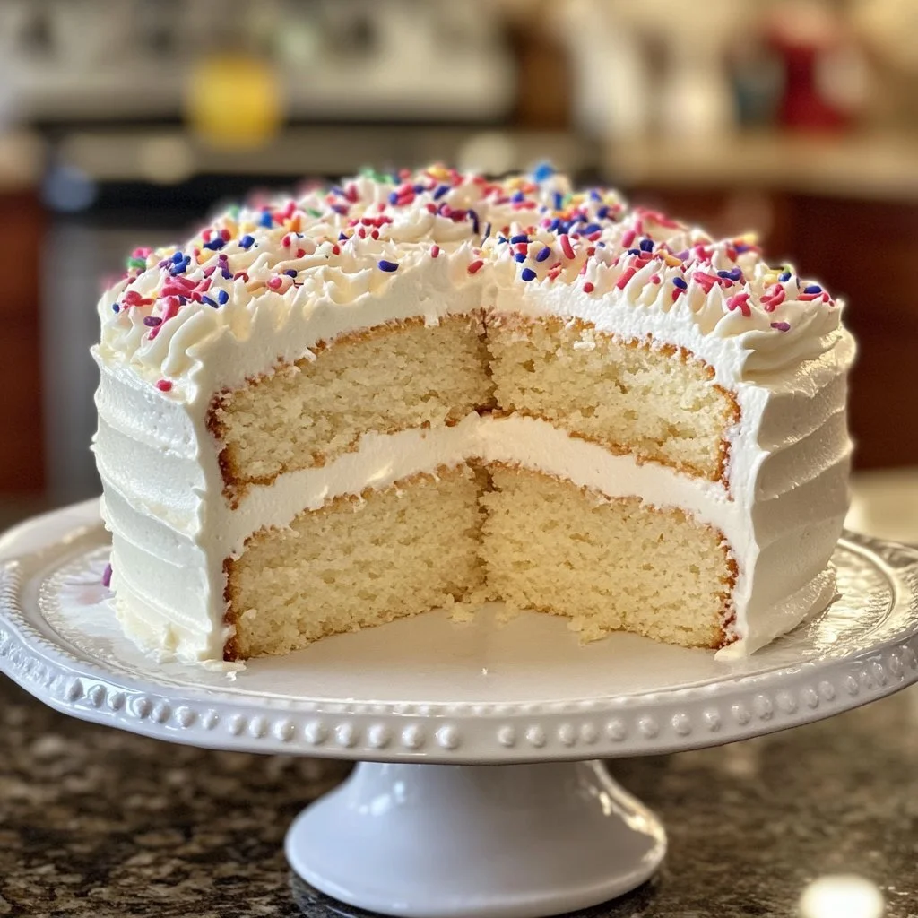 Delicious slice of homemade French Vanilla Cake with creamy frosting
