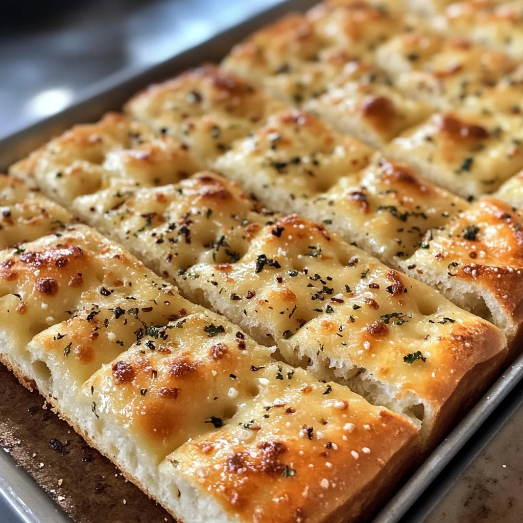 Freshly baked Garlic Parmesan Focaccia Bread sliced and ready to serve.