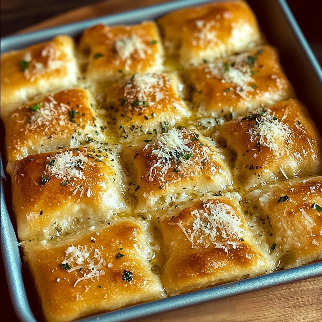 Freshly baked Garlic Parmesan Focaccia bread with herbs and cheese