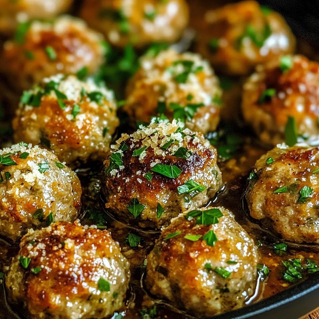 Delicious Garlic Parmesan Meatballs served on a rustic plate.