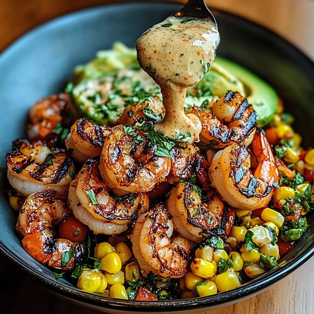 Delicious grilled prawn bowl with avocado, corn salsa, and creamy garlic sauce