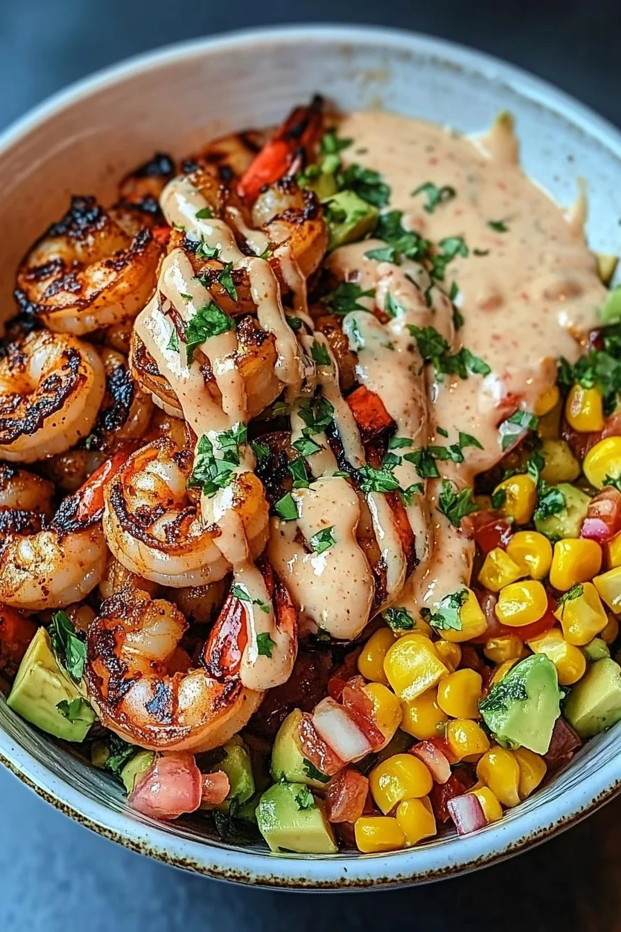 Grilled Prawn Bowl with Avocado, Corn Salsa & Creamy Garlic Sauce