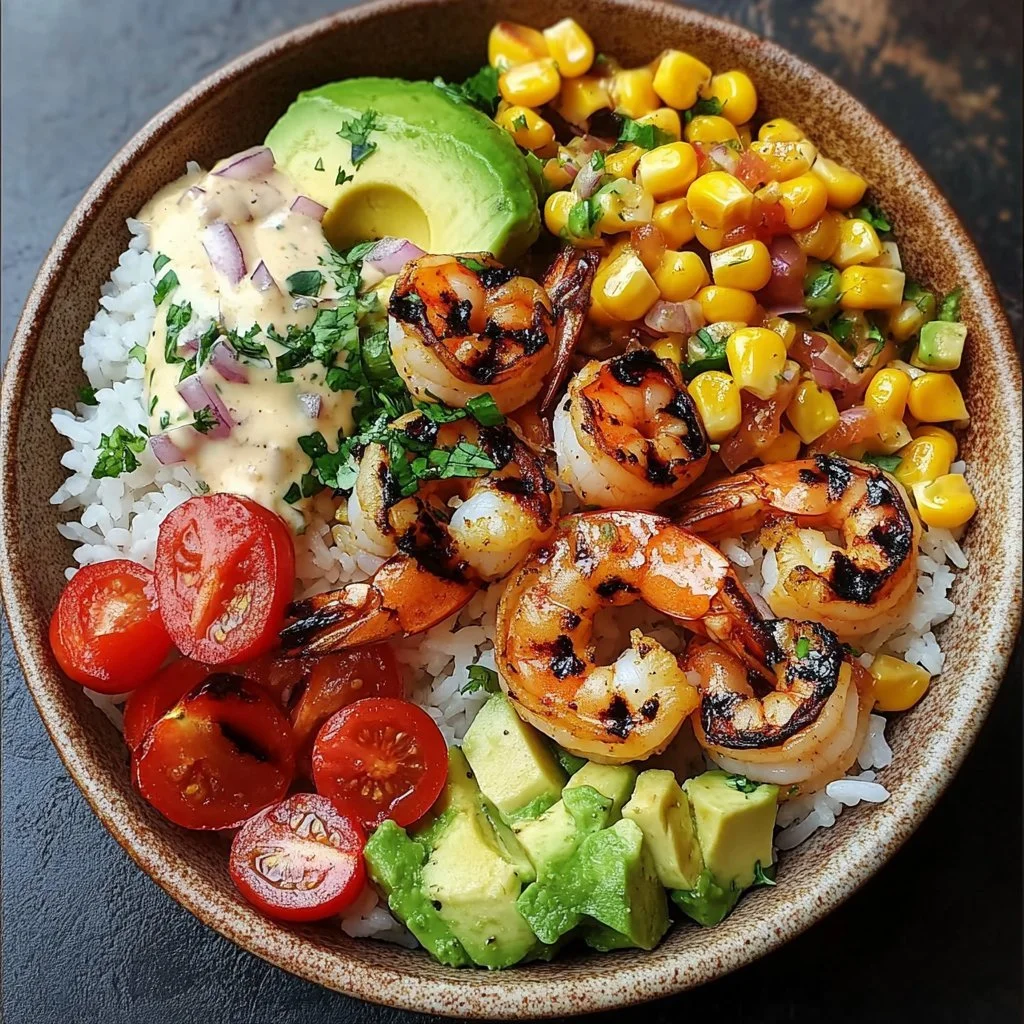 Grilled prawn bowl with avocado, corn salsa, and creamy sauce served in a vibrant bowl.