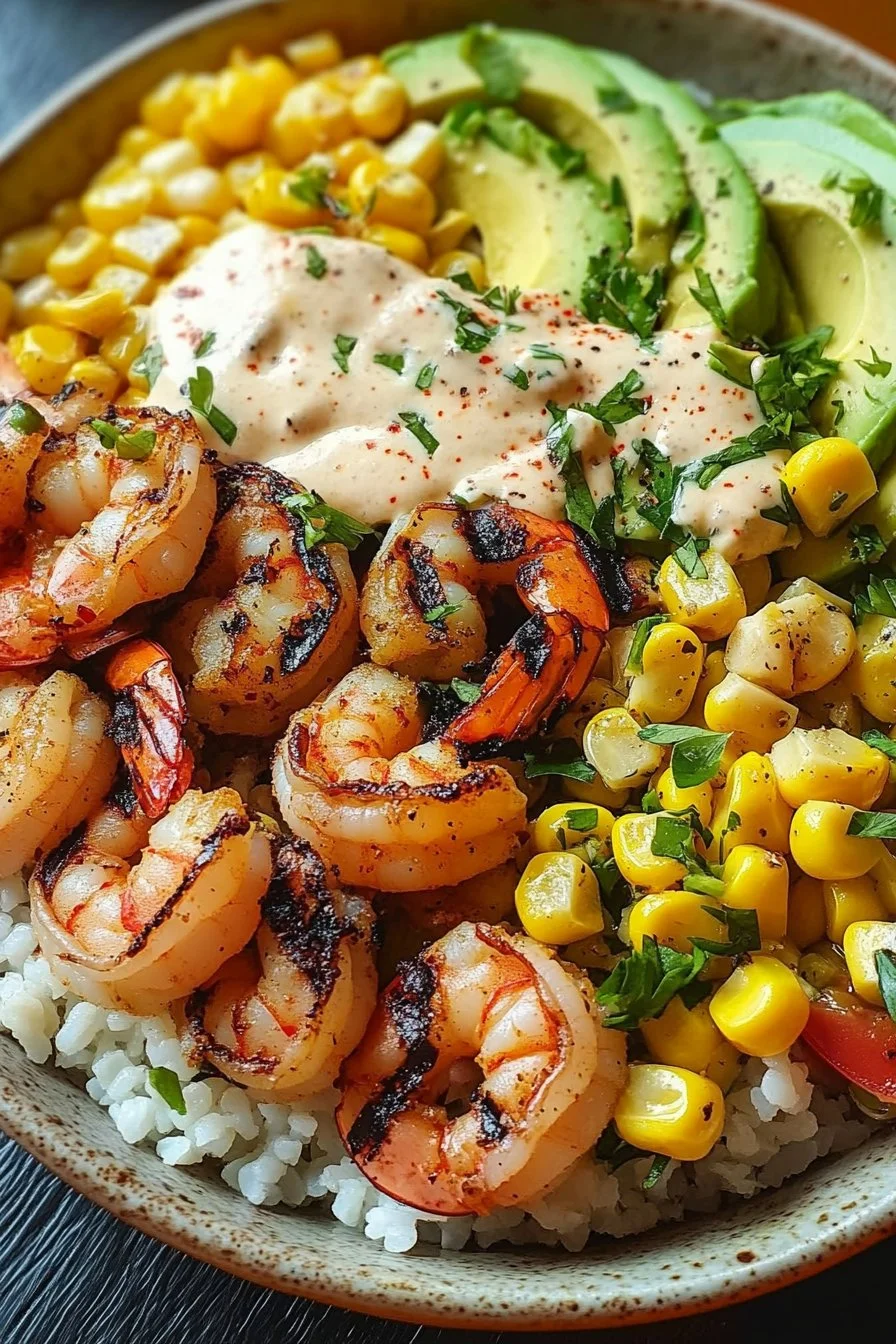 Grilled Prawn Bowl with Avocado, Corn Salsa & Creamy Sauce
