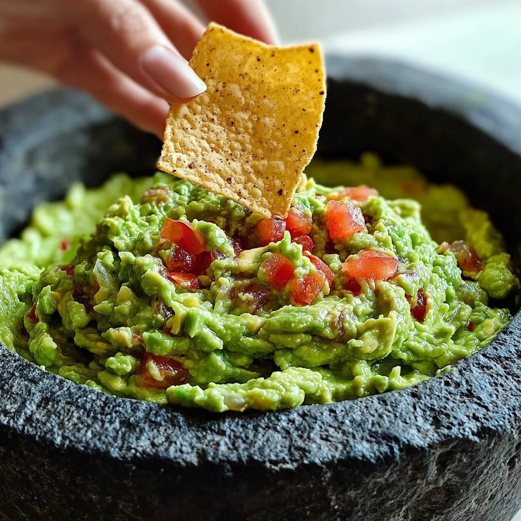 Fresh guacamole served with tortilla chips and garnished with cilantro.