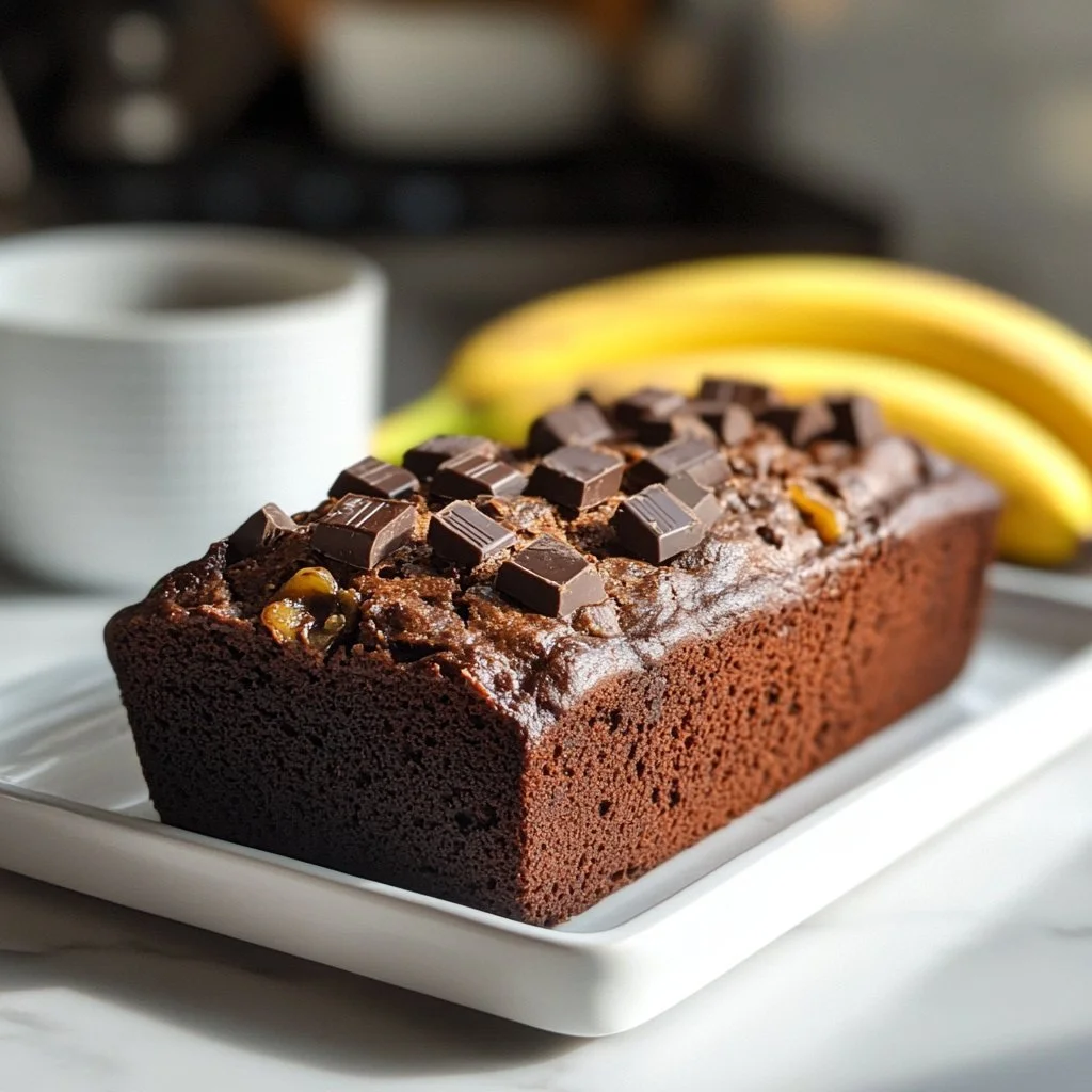 Slice of healthy chocolate banana bread with chocolate chips and bananas