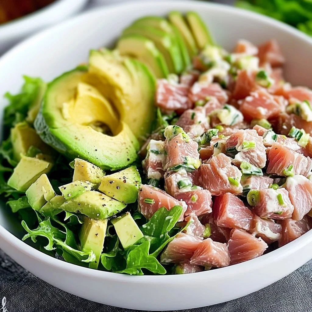 Healthy tuna salad with avocado served in a bowl