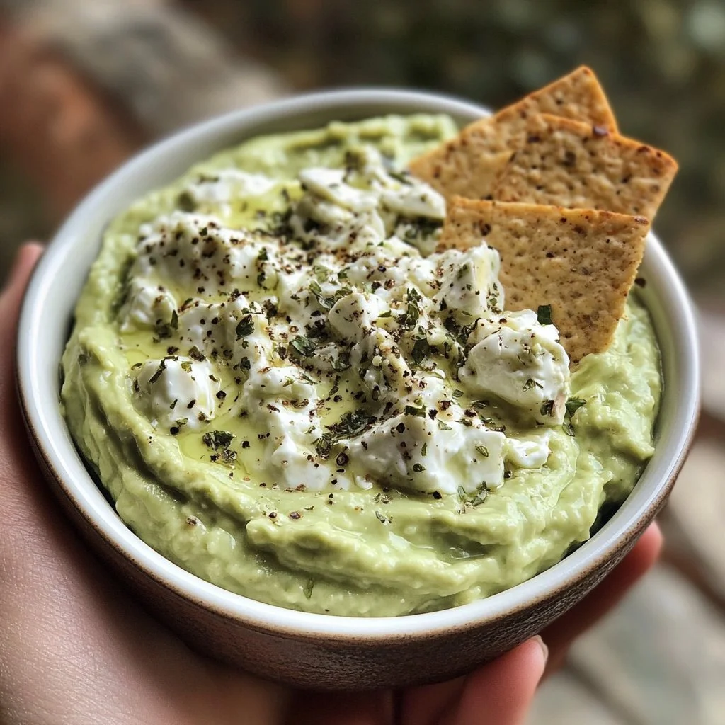 High protein avocado cottage cheese dip served in a bowl with fresh herbs