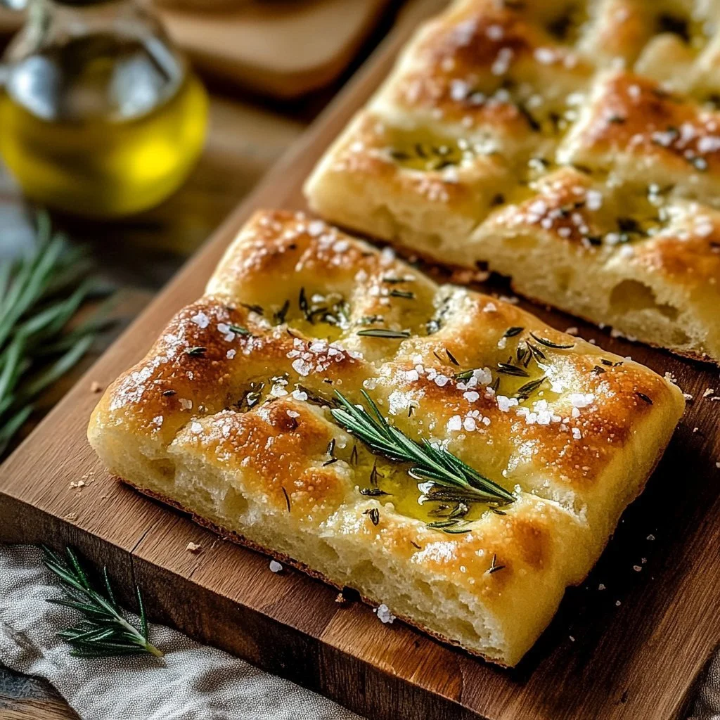 Homemade focaccia bread topped with herbs and olive oil
