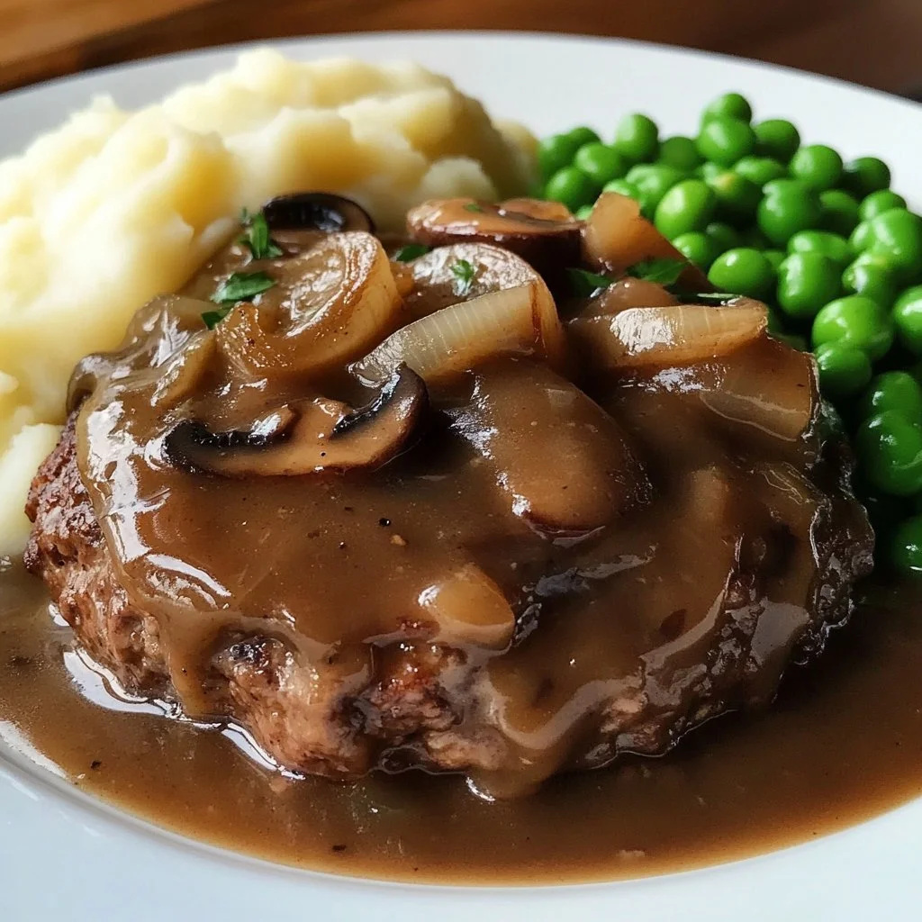 Plate of homemade Salisbury steak topped with mushroom gravy