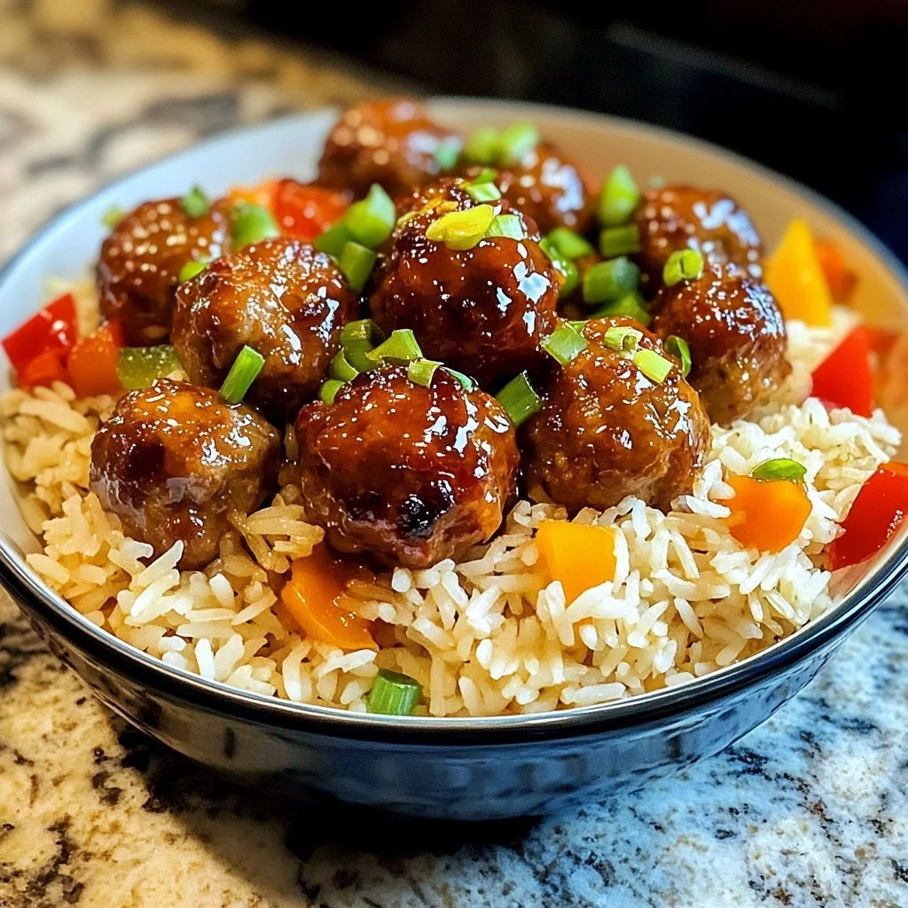 Honey garlic meatball rice bake dish served in a bowl