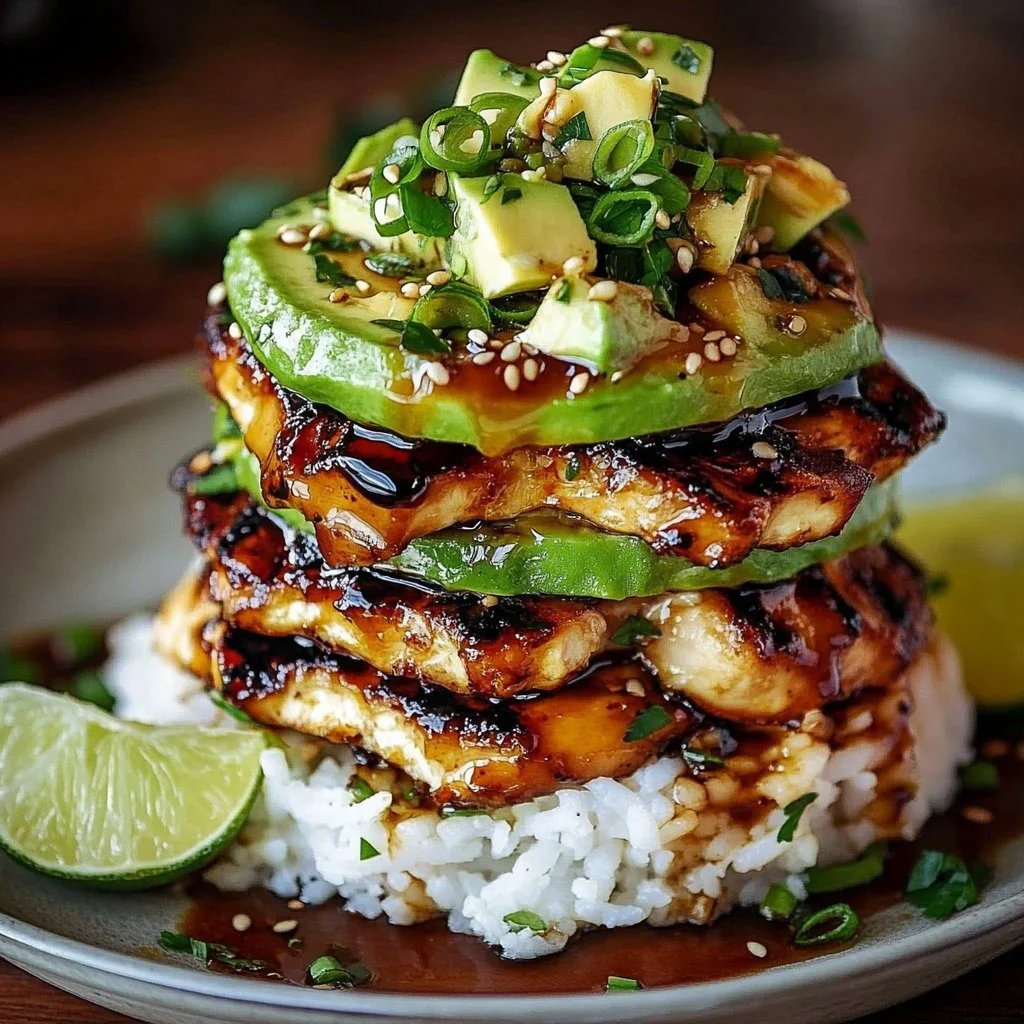 Delicious Honey Lime Chicken served with a refreshing Avocado Rice Stack