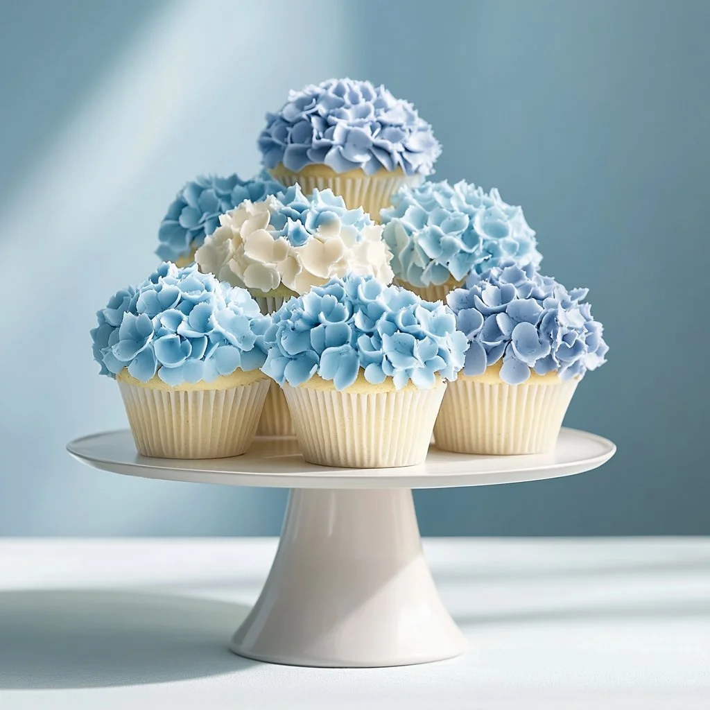 Beautiful Hydrangea Cupcakes decorated with floral buttercream icing.