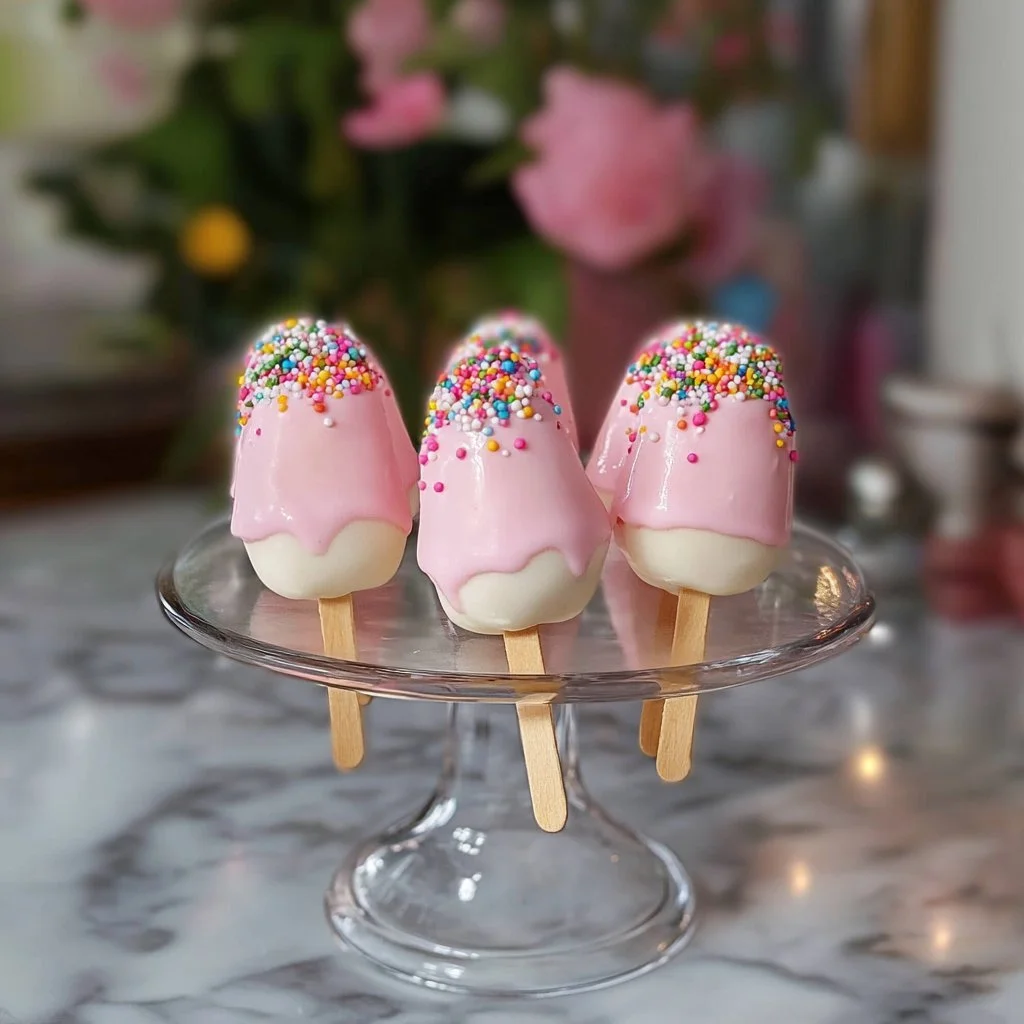 Colourful ice cream cake pops on a decorative platter
