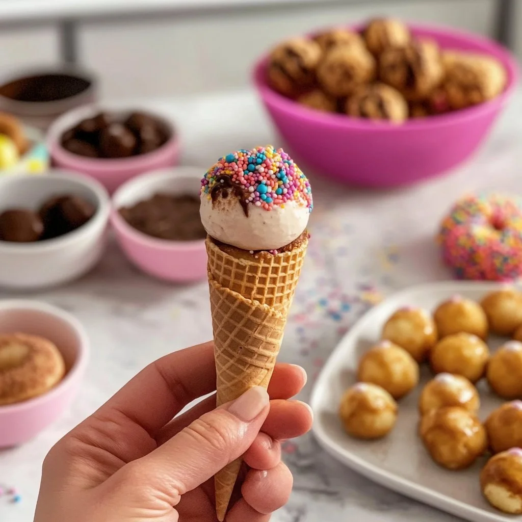 Ice Cream Cone Cake Pops decorated with colourful sprinkles and chocolate