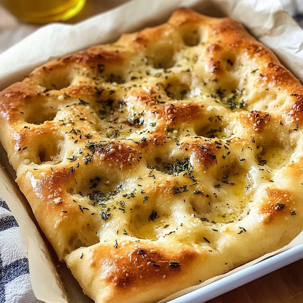 Freshly baked Italian Garlic Butter Focaccia topped with herbs
