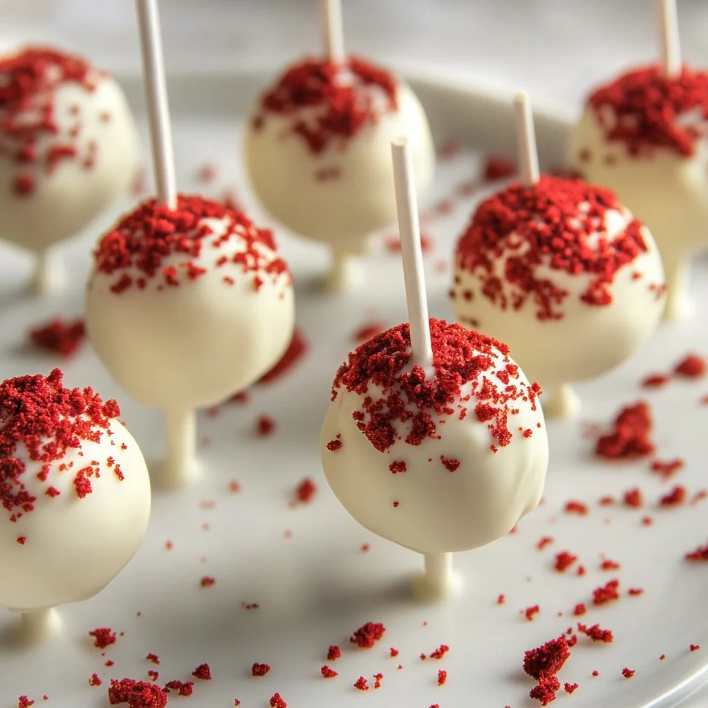 Juicy red velvet cake pops decorated with creamy frosting on sticks