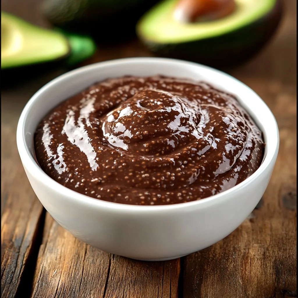 Delicious Keto Chocolate Chia Avocado Pudding topped with cocoa and chia seeds.