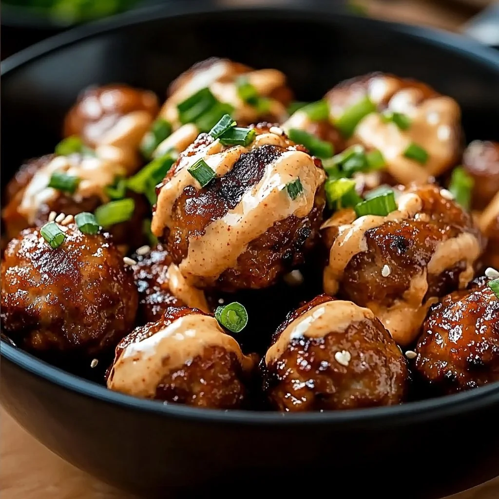 Korean BBQ meatballs with spicy mayonnaise dip on a plate.