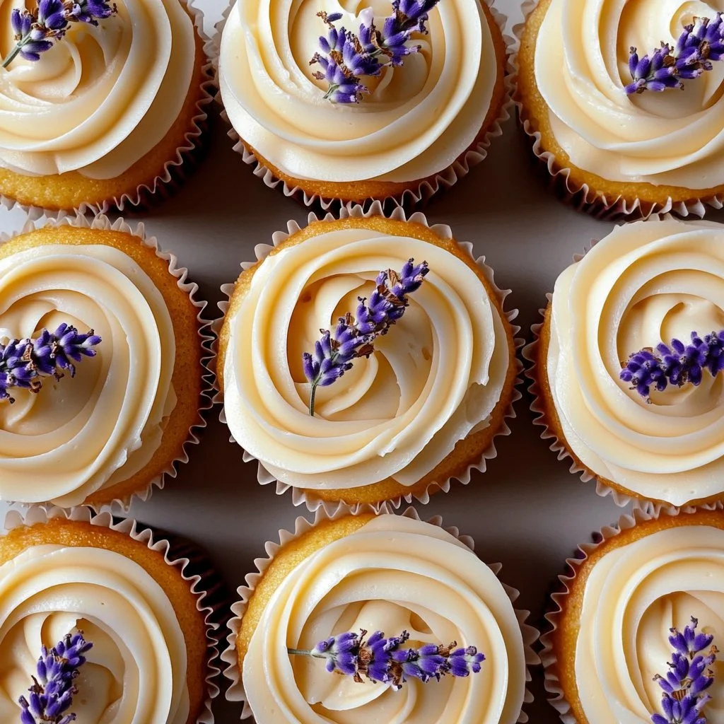 Delicious Lavender Honey Cupcakes topped with lavender flowers and honey drizzle.