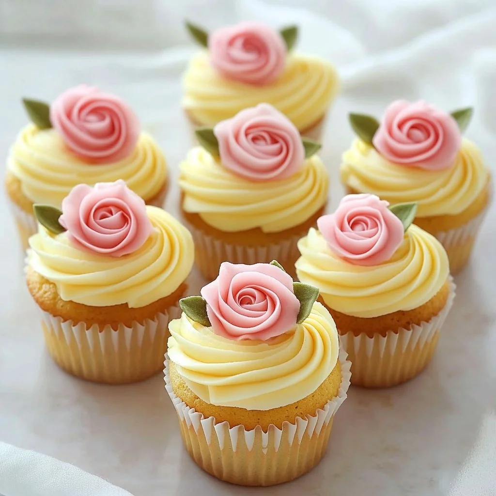 Lemon Rose Cupcakes topped with rose petals and lemon zest