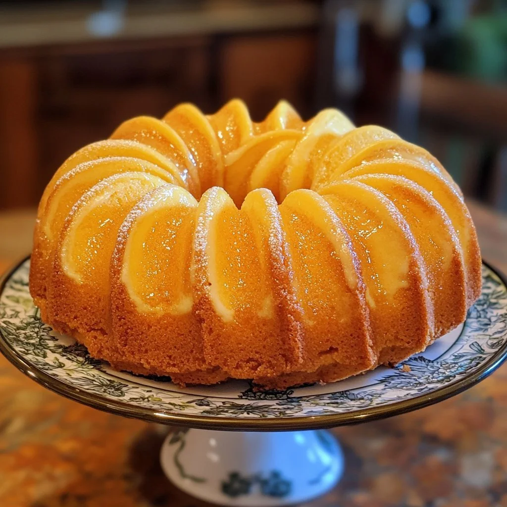 Delicious lemon bundt cake with a glaze on a decorative plate
