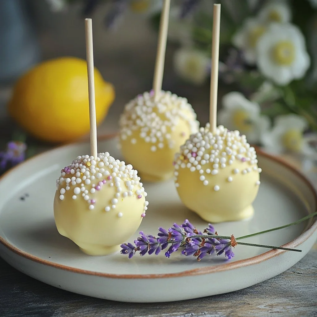Delicious lemon cake pops with bright yellow frosting on a stick
