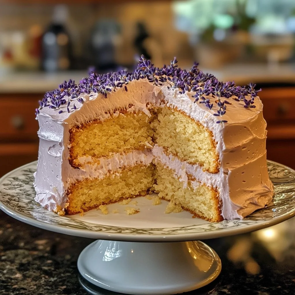 Delicious lemon lavender cake with a floral garnish and lemon drizzle.
