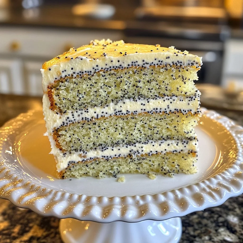 Slice of moist Lemon Poppy Seed Cake with lemon zest and poppy seeds on a plate