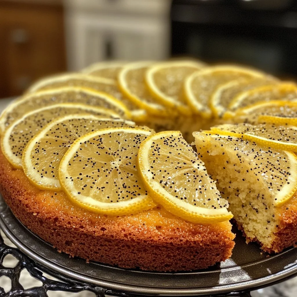 Delicious lemon poppy seed cake slice with decorative poppy seeds on top
