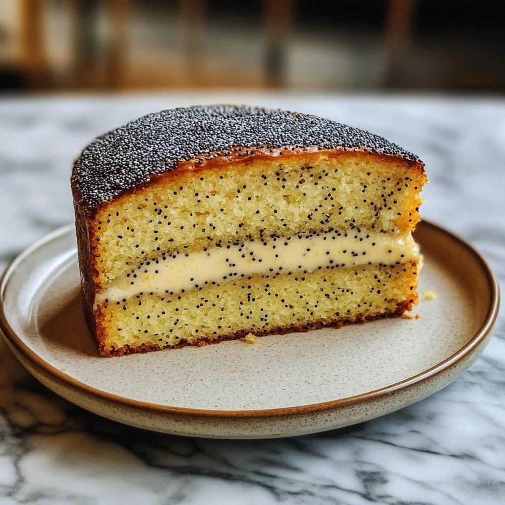 Slice of moist Lemon Poppy Seed Cake garnished with lemon zest and poppy seeds