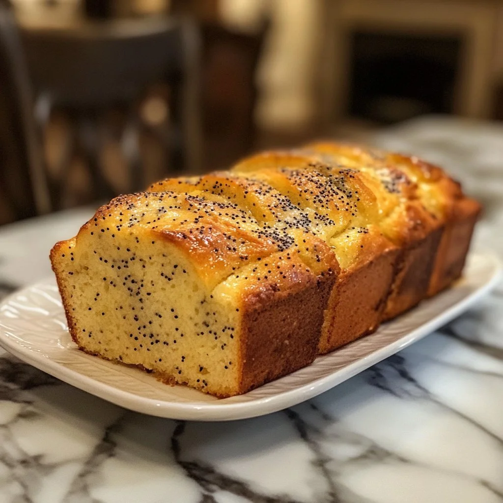 Lemon Poppy Seed French Yogurt Loaf sliced on a wooden board