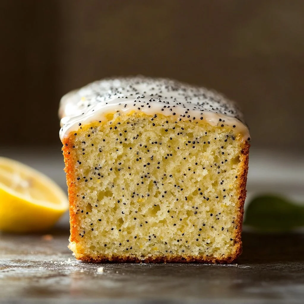 Sliced lemon poppy seed loaf cake on a plate with lemon slices