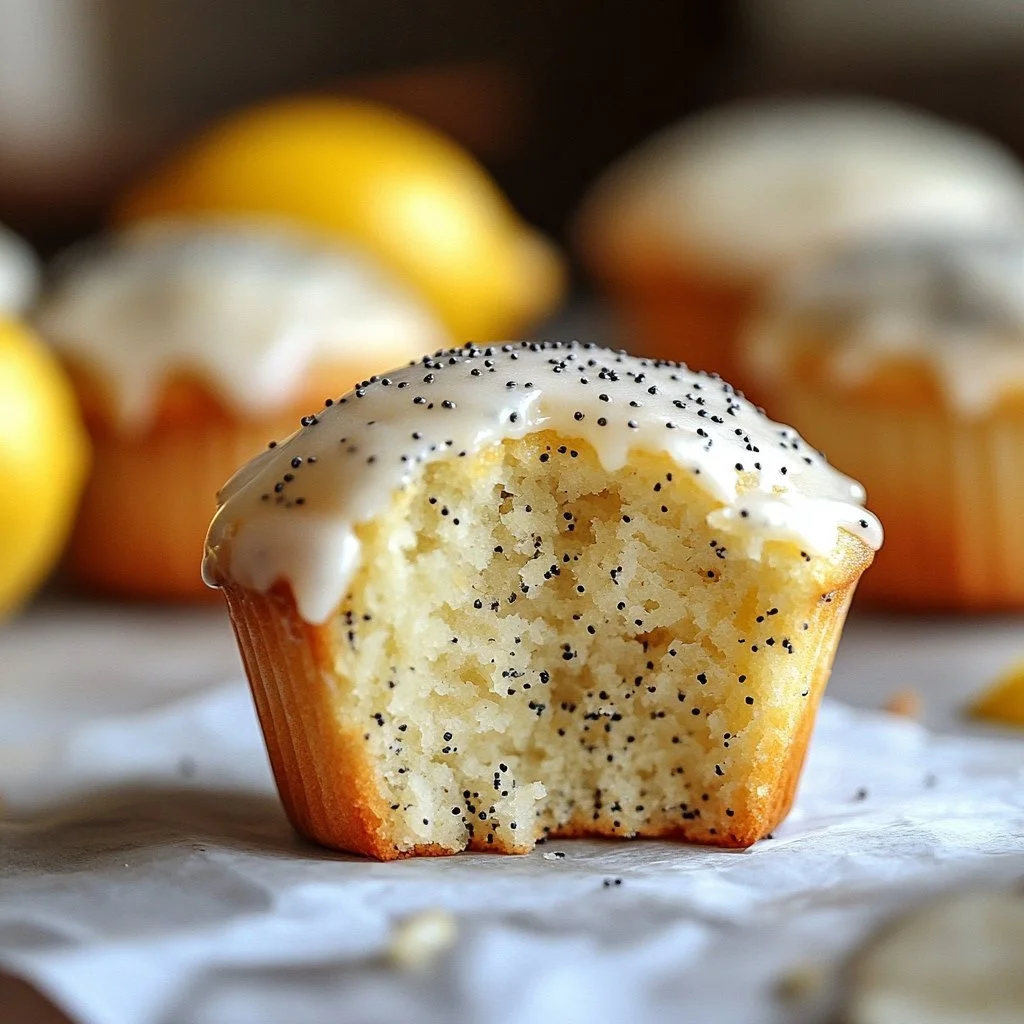 Freshly baked lemon poppy seed muffins drizzled with lemon icing