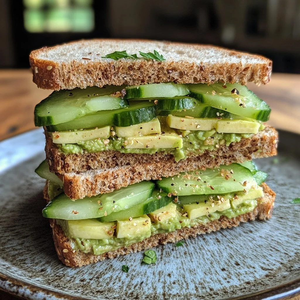 Loaded cucumber and avocado sandwich with fresh ingredients and vibrant colours